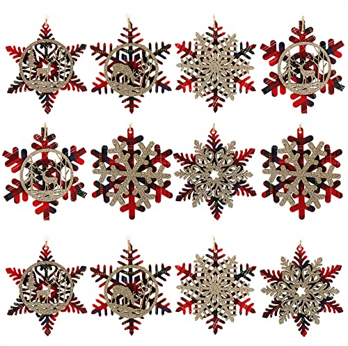 com-four® 12x Tannenbaumschmuck Holz-Anhänger Set - Weihnachtsbaumschmuck zum Dekorieren - Christbaumschmuck im Schneeflockendesign