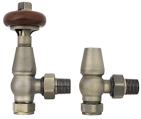 NRG Traditional Antique Angled Central Heating Radiator Valve 15mm Thermostatic + Lockshield Valve Antique Brass with Red Hand Wheel