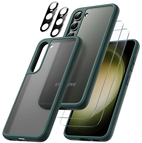 JETech 5 en 1 Funda Mate para Samsung Galaxy S23 6,1 Pulgadas con 2 Protector Pantalla y 2 Protector Lente Cámara, Carcasa Trasera Protectora Translúcida, Cristal Vidrio Templado (Verde Noche)