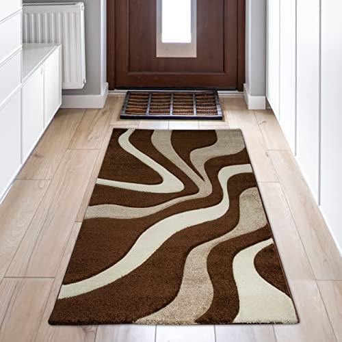 Teppich-Traum Wohnzimmer Teppich mit Wellen | strapazierfähig & pflegeleicht | in braun & weiß, 60 x 110 cm