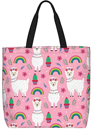 SJOAOAA Canvas-Tragetasche für Frauen, wiederverwendbare Lebensmitteltaschen mit Taschen, Reisetragetaschen für Arbeit, Reisen, Einkaufen, Rosa Alpaka, Einheitsgröße