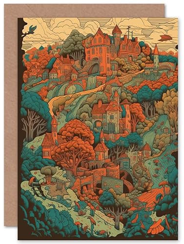 Artery8 Dorf Wald Koralle Teal Blau Illustration Reise Weihnachtskarte