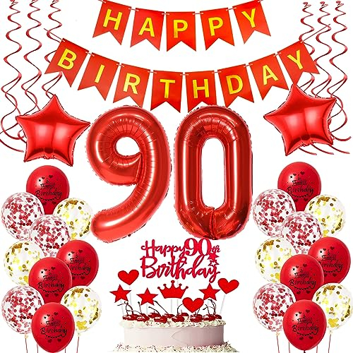 Deko 90. Geburtstag frauen Rot,Geburtstagsdeko 90 jahre frauen Luftballons 90 Geburtstag dekoration Rot,Folienballon 90 Geburtstag deko frauen Rot Tortendeko 90 Geburtstag frau deko rot