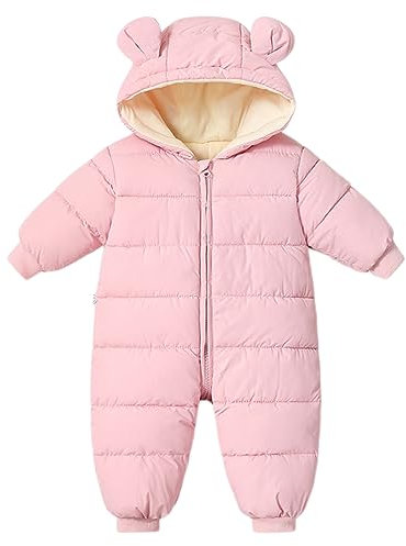 Bébé Filles Garçons Combinaison de Ski Hiver Manteau Nouveau-Né Épais Fermeture éclair Barboteuse Bébé Coupe-Vent Capuche Polaire Vêtements D'Extérieur Rose 12-18 Mois