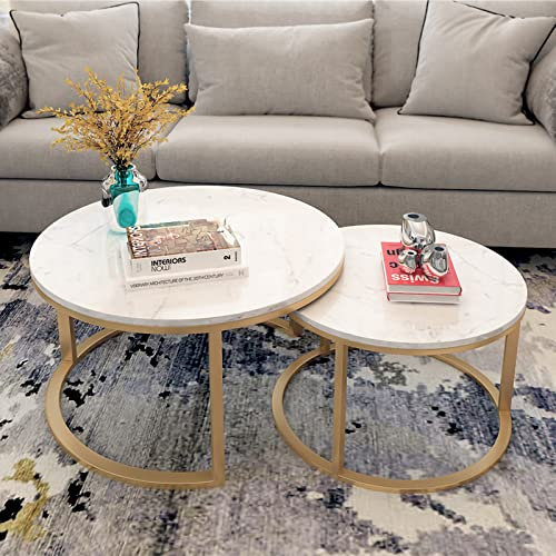 Ensemble de Tables Basses en marbre, Table gigogne Ronde Moderne de 2 Tables de canapé pour Le Salon, Ensemble de Table Console avec Cadre en métal Robuste antirouille pour Chambre à Coucher