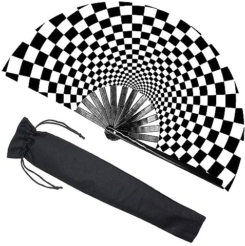 QCWN Black White Rave Fan,Folding Hand Fans,Chinese Fan,Renaissance Fan,Clack Fan,Large Hand Fan For Festivals,Halloween,Burlesque,Drag Queen.Hand Fan Foldable As Rave Outfits Accessories For Women