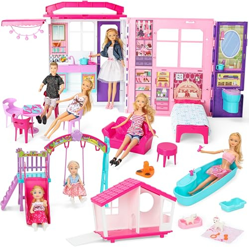 Style Shine Maison de poupée Portable et Pliable avec 60 pièces et 2 poupées, Jouet de Maison de Jeu avec Chambre à Coucher, Salle de Bain, Cuisine, Ensemble de Meubles de Jeu, Maison de Jeux, Cadeau