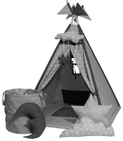 GOLDEN Kids Tent Teepee mit Bodenmatte, Kissen & Bällen - Tipi Zelt Kinderzimmer - Tippi Kinderzelt Junge - Tipi Zelt für Kinder - Spielhaus Kinder Indoor - Indoor Spielgeräte - Grau