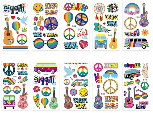 10 Stück Hippie-Tattoo-Aufkleber, Temporäre Tattoo-Aufkleber, Mode-Kunst-Aufkleber, Hippie-Aufkleber, Hippie-Zubehör, Geeignet Für Erwachsene, Kinder-Aufkleber, Karneval, Karneval-Tattoo-Aufkleber