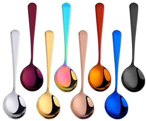 Buyer Star 8-Stück Brühe Getreide Löffel Set wiederverwendbare Edelstahl Abendessen Tabelle Runde Löffel Regenbogen Farbe Camping Besteck,Spülmaschinenfest