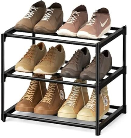 Flosvotals 3 Tier Shoe Rack,Space Saving Shoe Storage Organiser,Metal Storage Rack, Easy Assembly & Strong Design, Stackable Shoe Shelf, for Hallway, Living Room, Bedroom,Black