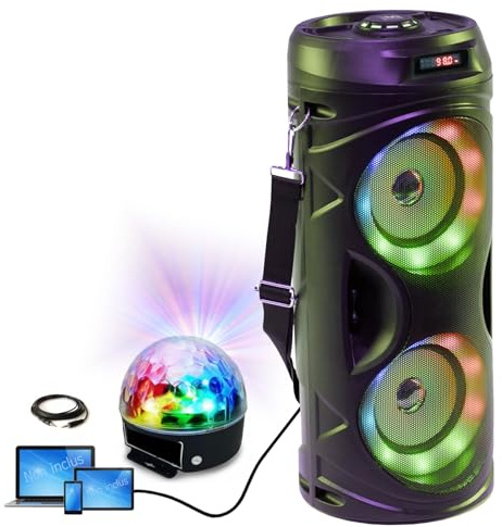 Party Light & Sound - Pack Enfant Enceinte Lumineuse LEDs Bluetooth sur Batterie USB SD FM Teen-Vibe - Effet de Lumière Astro LEDs RGB - Soirée Fête
