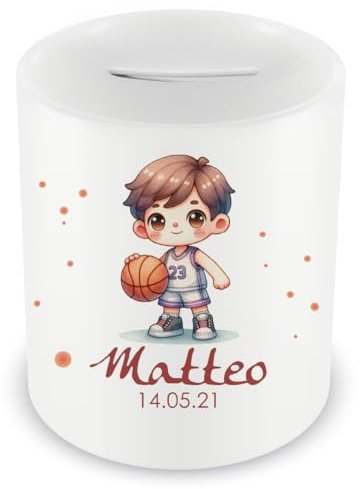 Samunshi® Kinder Spardose mit Namen und Kleiner Basketballer als Motiv für Kinder - Jungen und Mädchen Sparschwein 330ml weiß