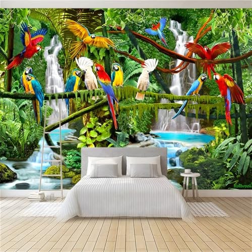 Wallpaper Murals Waterfall Plant Bird 200 x 140 cm 3D Art Photo Wallpaper, HD Print Wall Mural Giant Poster, Modern Living Room Bedroom Kids Room Backdrop Decor
