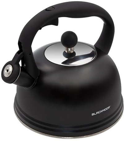 Blackmoor Callisto 2.5L Whistling Kettle for Gas Hob/Stove Top Kettle for Induction, Gas, Electric, Halogen/Stainless Steel with Spout, Lid and Rounded Handle (Black)