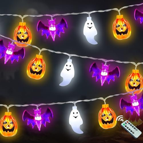 3m Lichterkette Halloween, 20 LEDs Lichterkette, Lichterkette mit Fernbedienung, Halloween Deko Outdoor, Halloween Deko Garten, Halloween Lichterkette, Lichterkette Kürbis Fledermaus Geist Deko