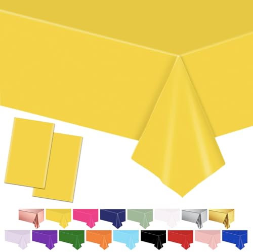 POPOYU 2Pcs Nappe Jaune Plastique,54x108 Pouces Nappe Rectangulaire Jaune Nappe Anniversaire,Nappe Imperméables Table Fête Protection pour Noël Picnic,Anniversaire,Jardin Mariage Fête Décoration