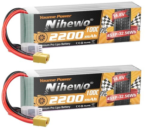 Nihewo 4S Lipo Akku 14.8V 2200mAh RC Akku Soft Case 100C mit XT60 Stecker für FPV Drohne RC Quadcopter Helikopter Flugzeug Auto LKW Boot RC Modelle (2 Stück)