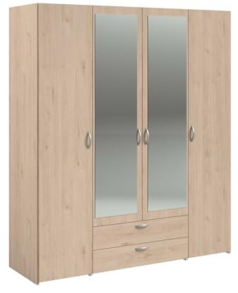 Armoire VARIA - Décor chene et blanc - 4 portes - 2 tiroirs - Portes centrales avec miroirs - 159,9 x 185 x 51,7