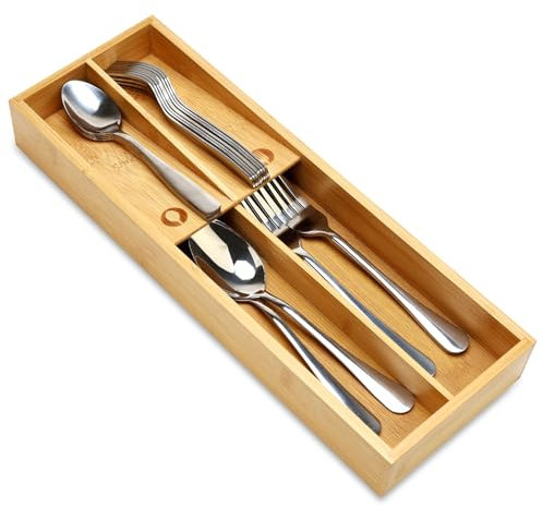 Small Bamboo Silverware Organizer for Drawer Utensil Tray Wood Cutlery Organizer Holder Narrow Flatware Caddy Wooden Kitchen Utensil Cutlery Drawer Skinny Fork and Spoon Silverware Organizer Tray
