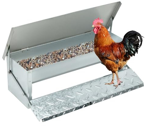 QWORK® Automatischer Hühner Futtertrog 5 kg Kapazität, Innenschräge-Design, Edelstahldeckel und rutschfestes Pedal (56x18x18cm)