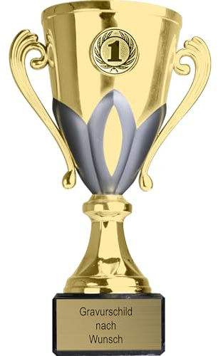 Pokal-Fabrik.de - Pokal mit Gravur Wunschtext in Gold/Silber, 15 cm - personalisierte Auszeichnung & Sport Emblem nach Wahl - inkl. Marmorsockel - Geschenk-Trophäe - Pokal Kinder