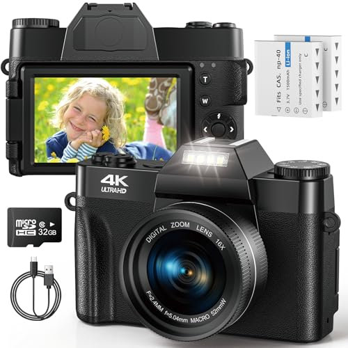 4K UHD Digitalkamera, Toiauaha 56MP AutoFocus Fotokamera Fotoapparat mit 32GB Micro SD Karte & 2 1500mAh Akkus 3 180° Flip Bildschirm Blitz Kompaktkamera mit 16X Digitalzoom für Anfänger Erwachsene