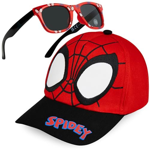 Marvel Spiderman Cappello con Visiera e Occhiali da Sole Bambino Cappello Baseball Regolabile Occhiali da Sole Bambini Protezione UV400 (Nero/Rosso)