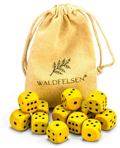 Waldfelsen 6, 12, 20, 30 oder 50 hochqualitative Holzwürfel aus echtem Buchenholz Augenwürfel Spielwürfel aus Holz in 16 mm Standardwürfel mit Stoffbeutel Würfelset (Gelb, 12 Stück)