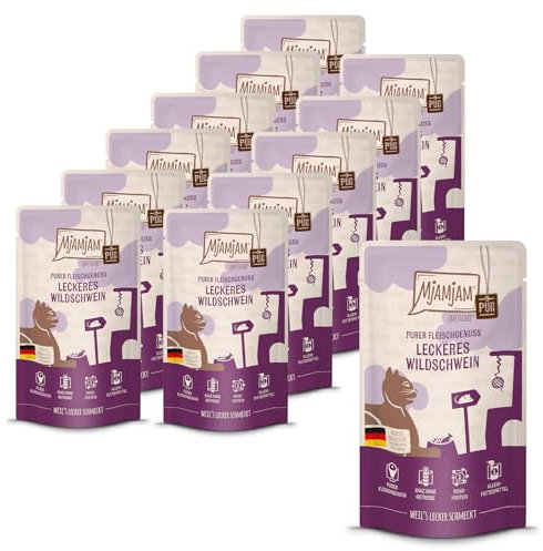MjAMjAM - Premium Nassfutter für Katzen - Quetschie Purer Fleischgenuss - leckeres Wildschwein pur, 12er Pack (12x125g), getreidefrei