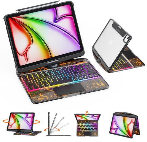 GUSGU Transparent Case with Wireless Keyboard only for 2024 iPad Pro 11-in.(M4), 7 Colors Backlight, Trackpad, 360°Rotating Stand for iPad Pro 11(5th Gen), Tech Style
