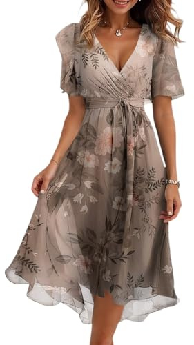 Abendkleider Damen Elegant Chiffon V-Ausschnitt Drucken Kurzarm Midikleid mit Gürtel Hohe Taille A-Linien Sommerkleid Cocktailkleid Casual Knielang Blumenkleid Wickelkleid Leicht Tunika Freizeitkleid