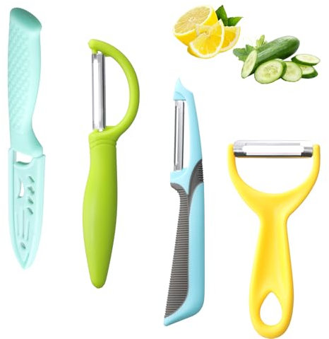 4 Piezas Pelador, Pelador Giratorio de Verduras de Acero Inoxidable, Cuchillo para Frutas con Mango Antideslizante para Patatas, Manzanas, Zanahorias y Pepinos