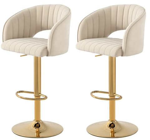 SUPPNEED Samt Barhocker 2er Set, Bar Stühle Höhenverstellbar mit Lehne & Armlehnen, 360° Drehbar Küchenhocker, Thekenhocker, Friseurstuhl, Gold Fußstütze, für Esszimmer Kücheninsel(Weiß,2)