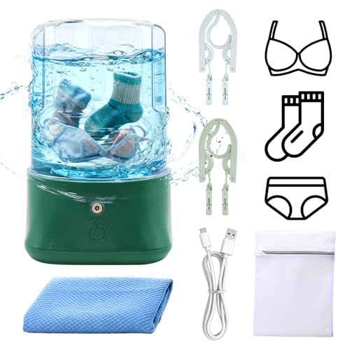 Mini Portable Underwear Washing Machine, Turbo Travel Washing Machines for Camping, Rechargeable Cordless Clothes Wash Suitable for Underwear, Bra, Socks, Baby Clothes, and Small Item (Green)