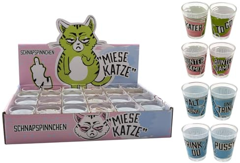 itsisa Schnapsglas Miesekatze (4er Set) mit coolen Sprüchen - Schnaps Glas Katze, Party Stamperl, Pinnchen, Shotglas, Wichtelgeschenk