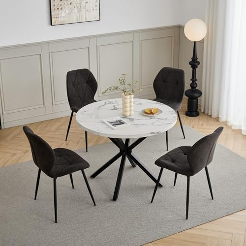 GrandCA HOME Esstisch und Stuhlset, 100 cm Runder Esstisch und 4 Moderne Leinenstühle, für Esszimmer, Küche, Wohnzimmer (Weißer Marmor + Schwarz)