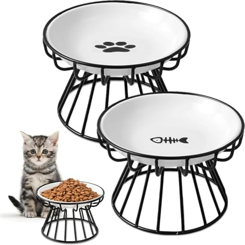 2 ciotole rialzate per gatti, in ceramica, con supporto in metallo, con base in silicone