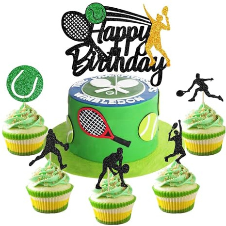 Fesnova 10 Stück Männer Geburtstag Tennis Tortendeko, Cupcake Deko Tennis, Schwarze Cake Topper, für Sport Thema Mann, Geburtstagsparty
