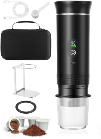 Cafetera Portátil 3-en-1 Calentamiento Rápido 80ml Presión 20 Bares | Pantalla Inteligente de Temperatura, Compatible Cápsulas 7500mAh USB-C Viajes y Oficina (Negro, Bolso Titular)