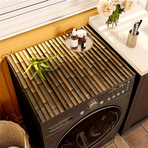 Hixingo Motifs Rétro Housse de Machine à Laver, Antidérapant Tapis pour Plan de Travail Machine à Laver et Seche Linge, Anti-Poussière Protection Contre les Rayures (Bambou kaki,60x60cm)