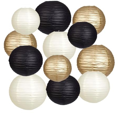 FRKOKRFA 12 Stück Papier Lampions Schwarzer Gold Runde Papierlaterne Dekoration, für Kommunion, Taufe, Hochzeit, Geburtstag Party Deko