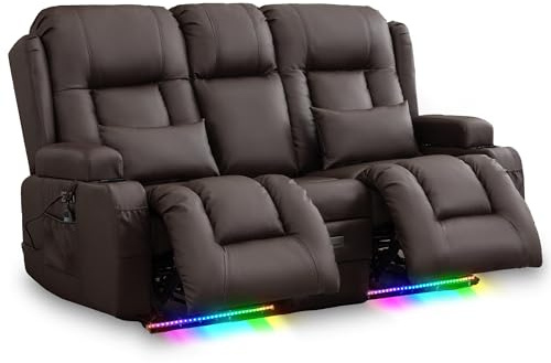 SnyFivv Elektrisch Relaxsessel mit Liegefunktion, Zweisitzer Fernsehsessel mit Konsole TV Sessel Heimkino mit Heizung & Vibrierende Massage/USB & Type C/Getränkehalter (Braun)