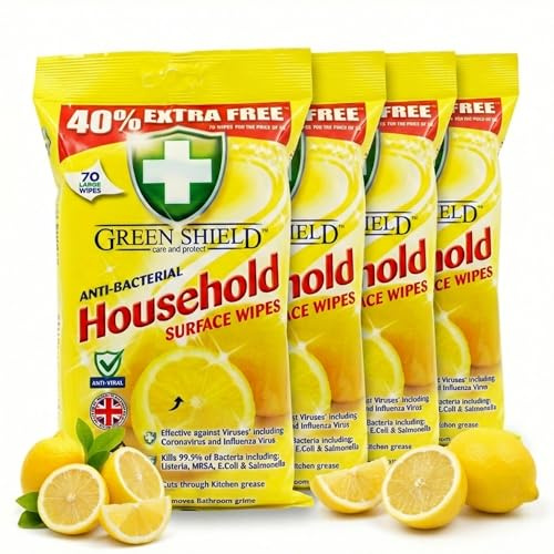 Antibacterial Wipes 4 x 70 Pack – Lemon Scent Disinfecting Wipes for Hands, Surfaces & Household Cleaning, Germ-Killing, Quick-Dry, Travel & Kitchen Use