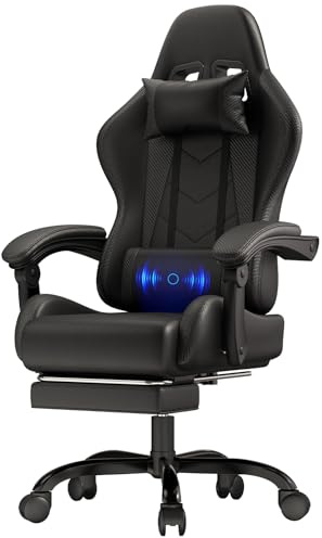 JUMMICO Gaming Stuhl, Bürostuhl Ergonomisch Mit Massagefunktion, Gamer Stuhl verstellbare Rückenlehne 90-135°,und fußstütze, Gamingstuhl 150 kg belastbarkeit, Schwarz