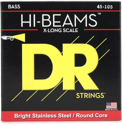 DR Strings Hi-Beam LMR-45 – E-Bass Medium 45-105 X-Long Scale | Round Core, Edelstahl, Brillanter Klang, Viel Sustain, Made in USA