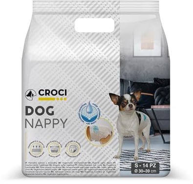 Croci Dog Nappy - Mutanda Assorbente per cani femmine, taglia S - Ø 30-39 cm, Pannolino igienico ciclo e pipi cane, Antiodore, Usa e getta, Chiusura adesiva regolabile, 14 pz