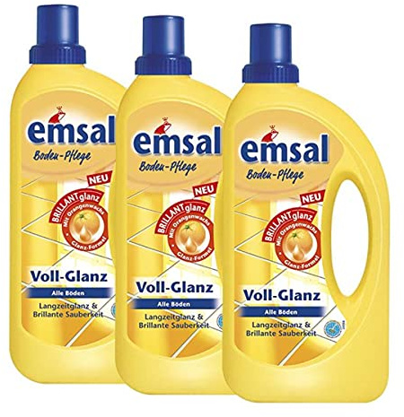 3x emsal Boden-Pflege Voll-Glanz 1 Liter, Langzeitglanz & Brillante Sauberkeit mit Orangenwachs