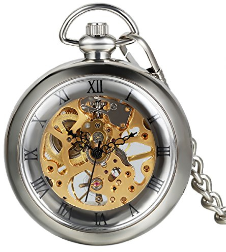 Avaner Vintage Taschenuhr für Herren Analog Handaufzugwerk Pocket Watch Durchsichtiges Ziffernblatt mit römischen Ziffern (Silber)