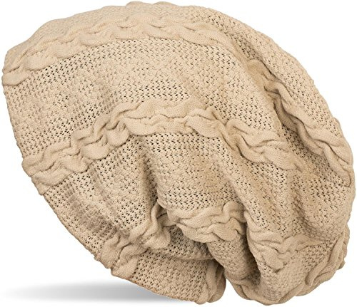 styleBREAKER warme Feinstrick Beanie Mütze mit Zopfmuster und Fleece Innenfutter, Slouch Longbeanie, Unisex 04024131, Farbe:Beige